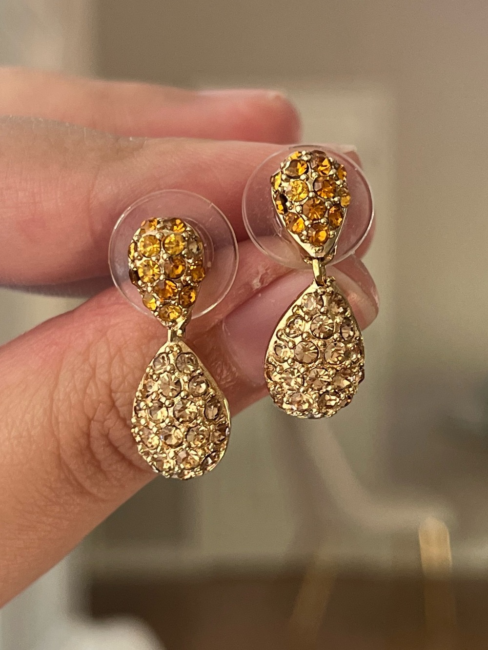 Authentic Vintage Dior Orange Rhinestone Teardrop Dangle 14k Gold Post Earrings